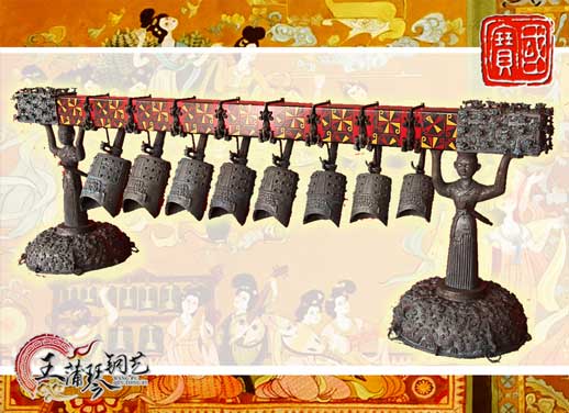 8件古編鐘，銅人銅座裝飾，可發(fā)音